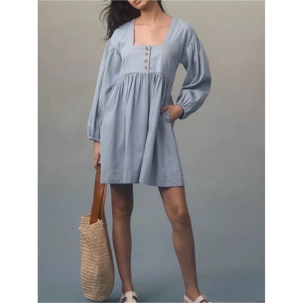 Anthropologie Long Sleeve Square Neck Denim Babydoll Mini Dress LP Bohemian